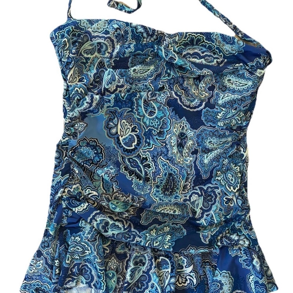 Lauren Ralph Lauren  Swimsuit 16W  Blue Paisley 1 Piece Tummy Control Halter Tie